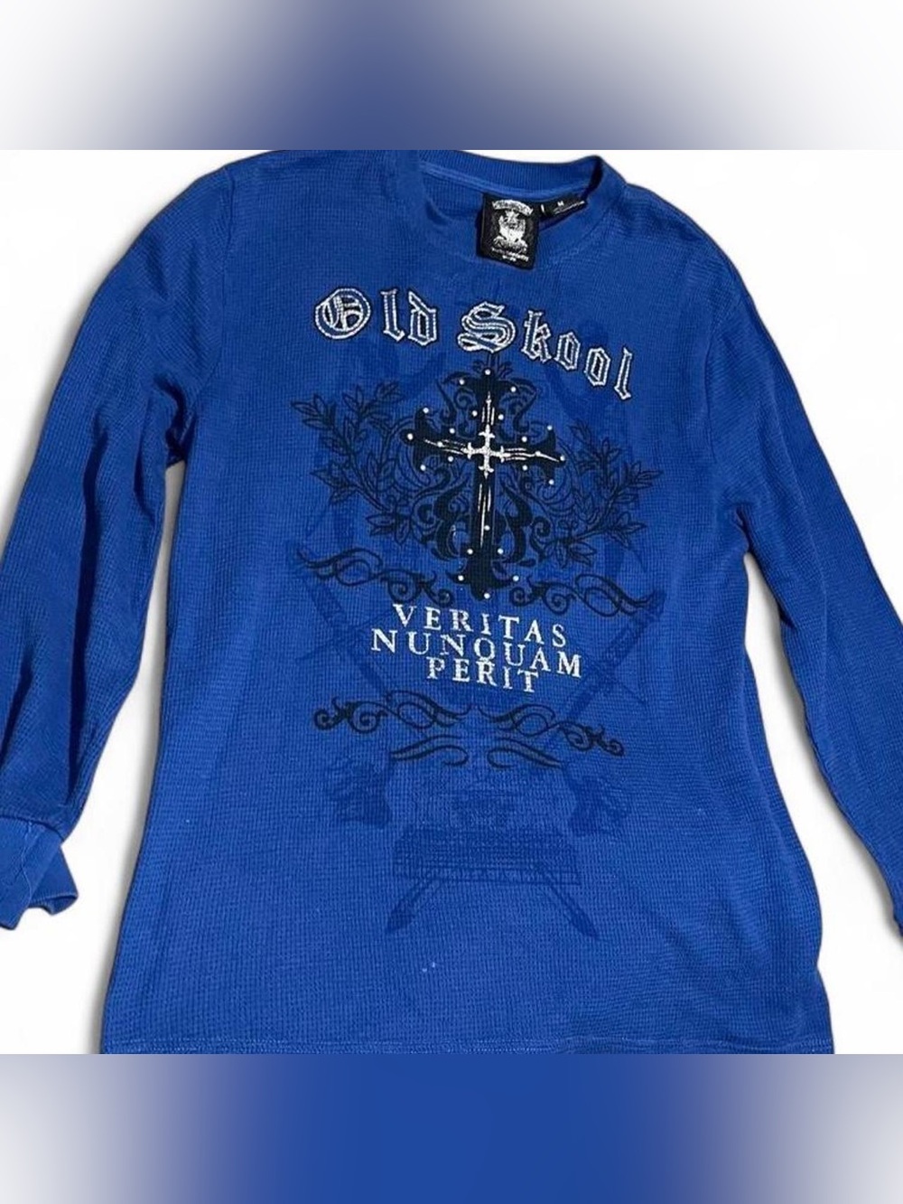 Old Skool AfflictionCore Blue Graphic Thermal Tribal Long Sleeve Tee Size Medium